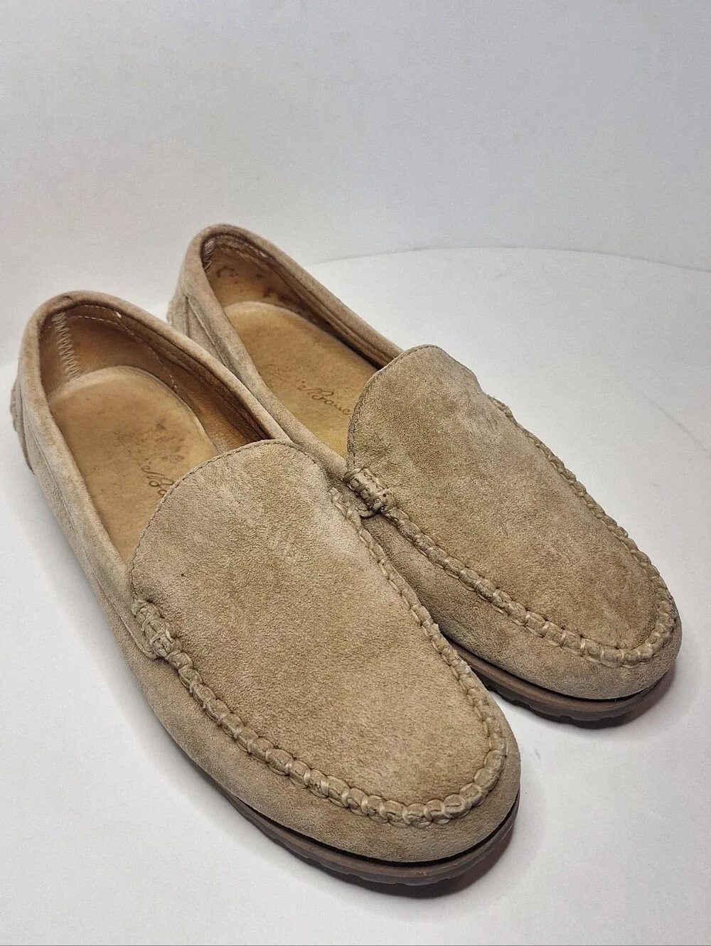 Vintage Eddie Bauer Wmns 7.5W Sand Suede Leather Driving Loafers Slip On Comfort